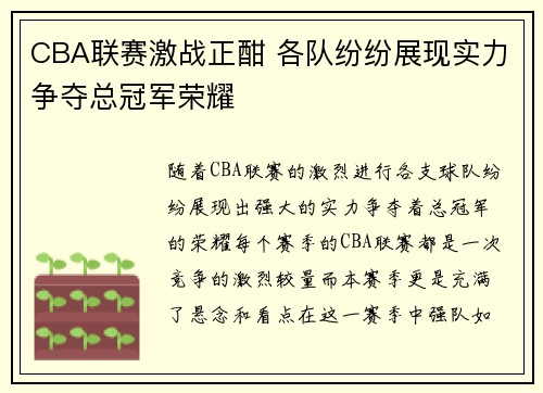 CBA联赛激战正酣 各队纷纷展现实力争夺总冠军荣耀