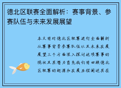 德北区联赛全面解析：赛事背景、参赛队伍与未来发展展望