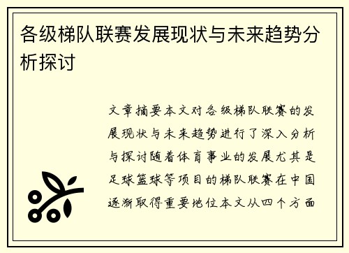 各级梯队联赛发展现状与未来趋势分析探讨