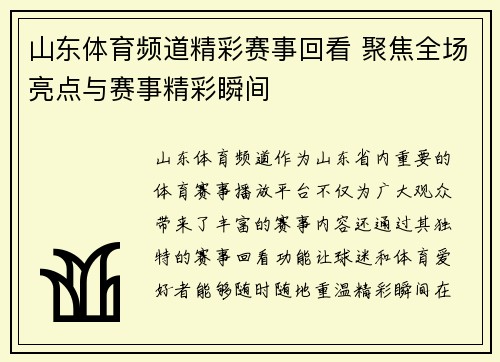 山东体育频道精彩赛事回看 聚焦全场亮点与赛事精彩瞬间