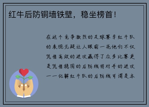 红牛后防铜墙铁壁，稳坐榜首！