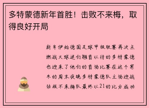 多特蒙德新年首胜！击败不来梅，取得良好开局